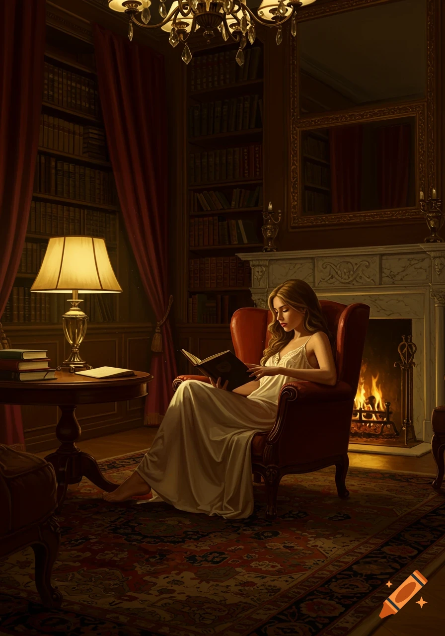 A young woman in a white nightgown reads a book in a dimly lit, cozy library by a roaring fireplace.
