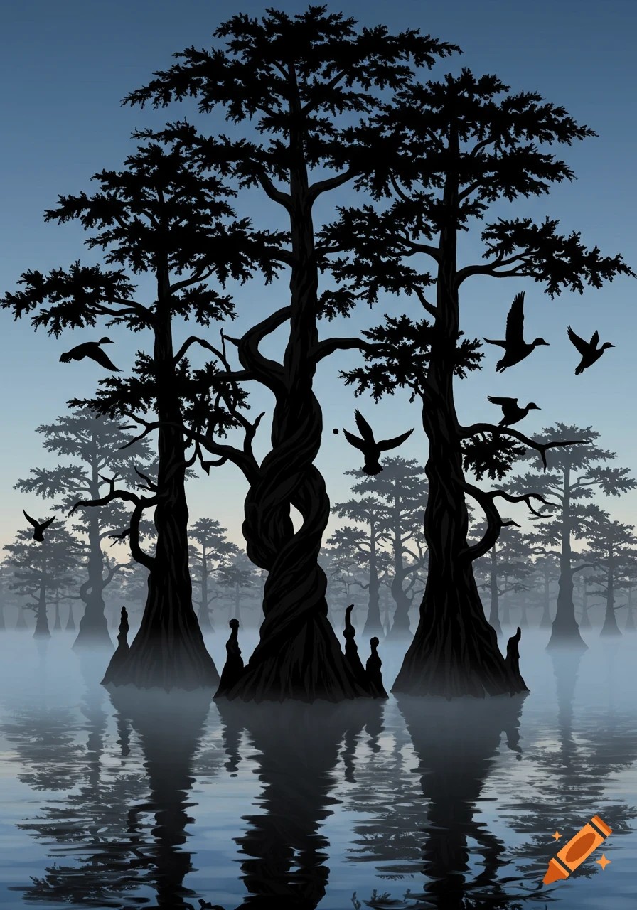 Silhouetted cypress trees stand in a misty swamp with ducks flying and reflected in the water, in a tribal-style illustration.