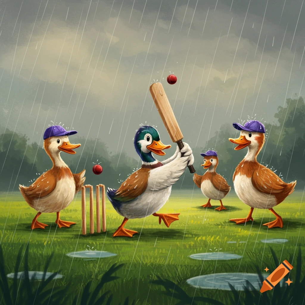 Cartoon ducks playing cricket in the rain on a grassy field, with puddles forming and a moody sky.