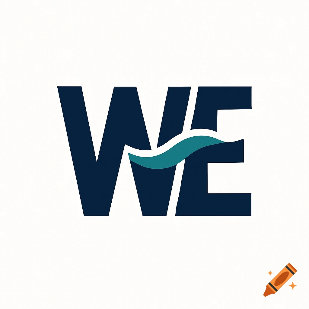 Monogram logo with dark blue letters 'W' and 'E', featuring a teal wave forming the crossbar of the 'E' on a white background.
