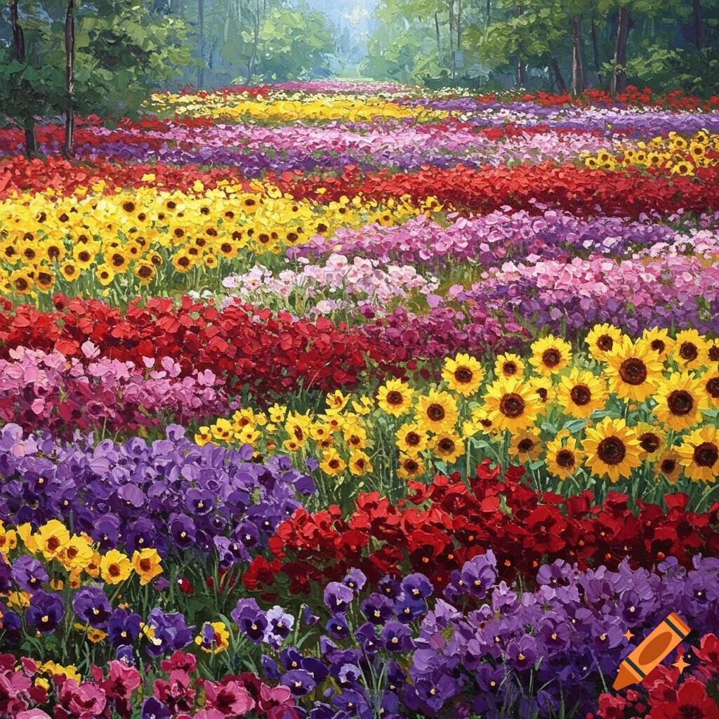 A vibrant, painterly field of colorful flowers, including sunflowers, stretching towards a forest.