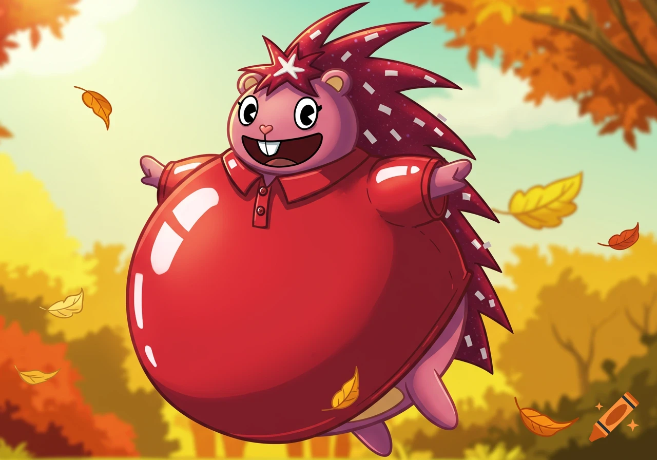 A cartoon porcupine character named Flaky, wearing a red polo shirt, is inflated like a balloon and floats in an autumn forest scene with falling leaves.