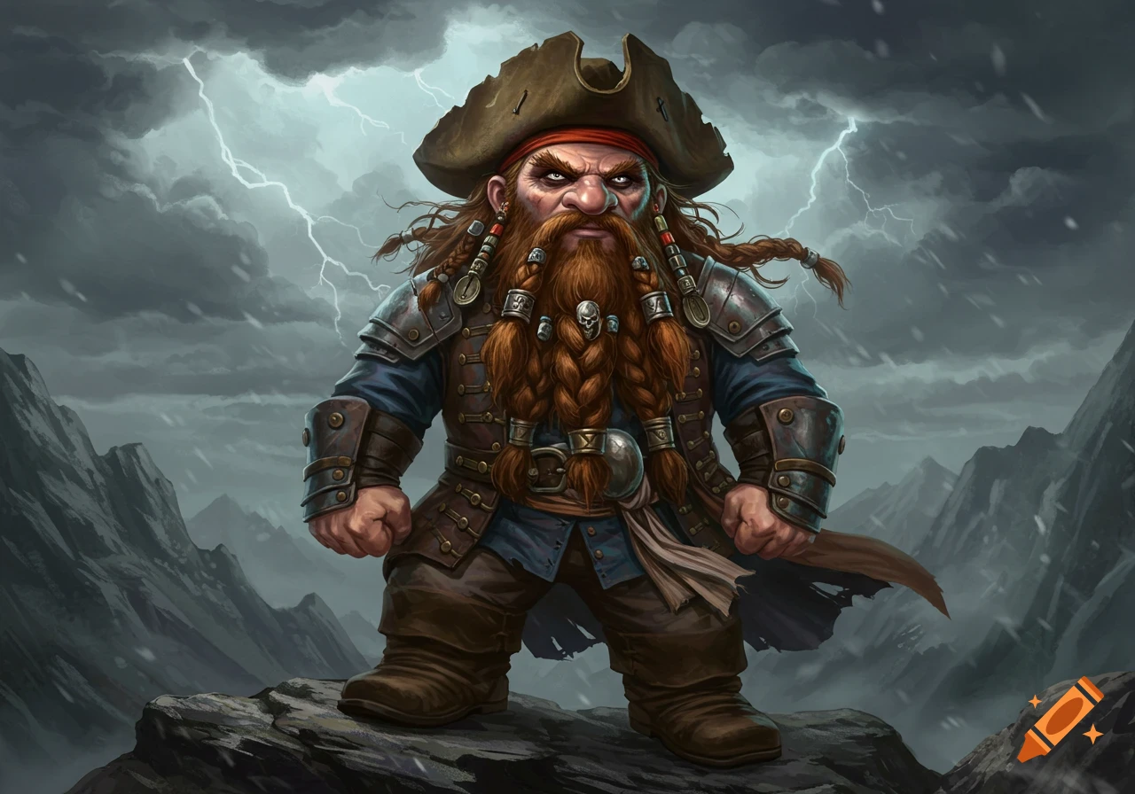 A stern fantasy dwarf pirate with a long braided beard stands on a rocky peak under a stormy, lightning-filled sky.