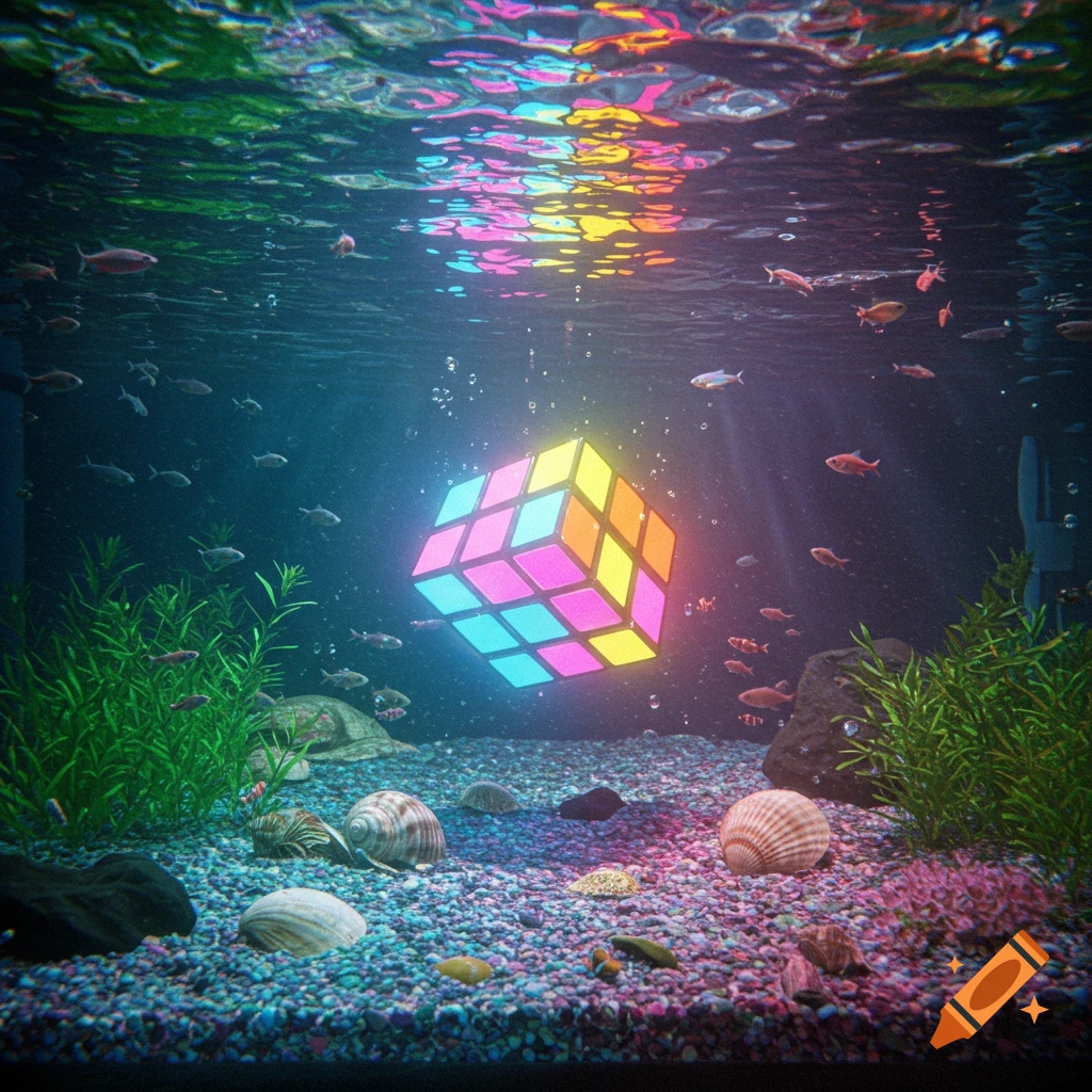 A vibrant neon Rubik's cube glows underwater in an aquarium with fish, shells, and green plants.