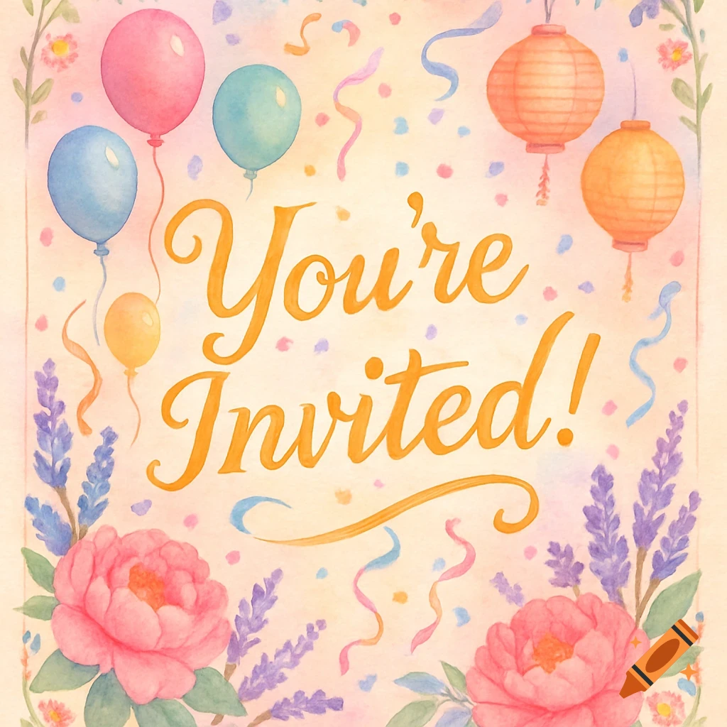 Watercolor invitation card with 'You're Invited!' text, balloons, lanterns, flowers, and confetti.