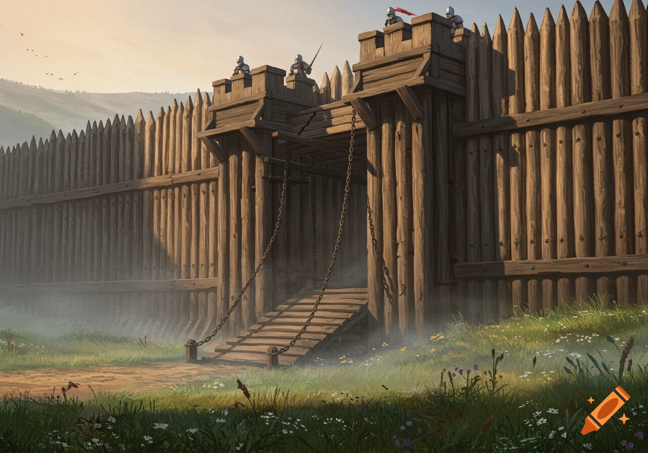 A wooden palisade wall with a half-raised drawbridge, guarded by knights, in a misty, grassy landscape.