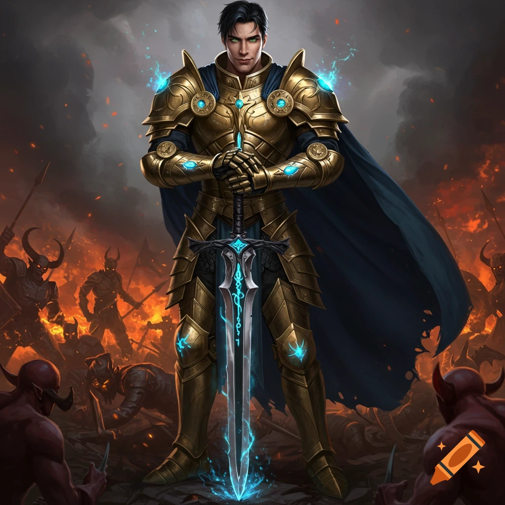 A heroic knight in glowing golden armor stands on a fiery battlefield, holding a magical sword, surrounded by demons in a high-fantasy illustration.