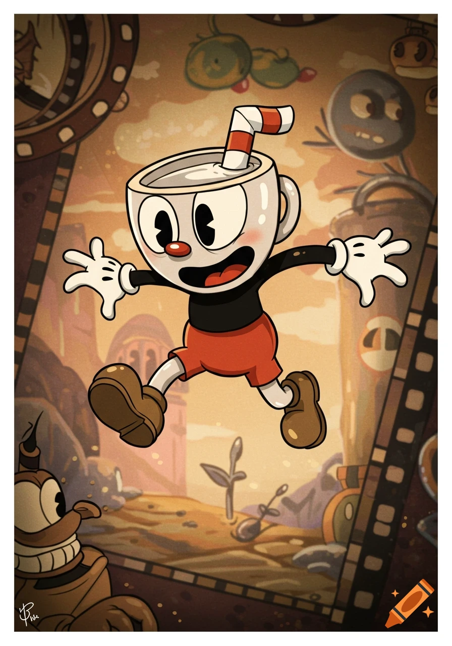 Cuphead, the video game character, jumps joyfully in a retro 1930s cartoon style with a film reel border.