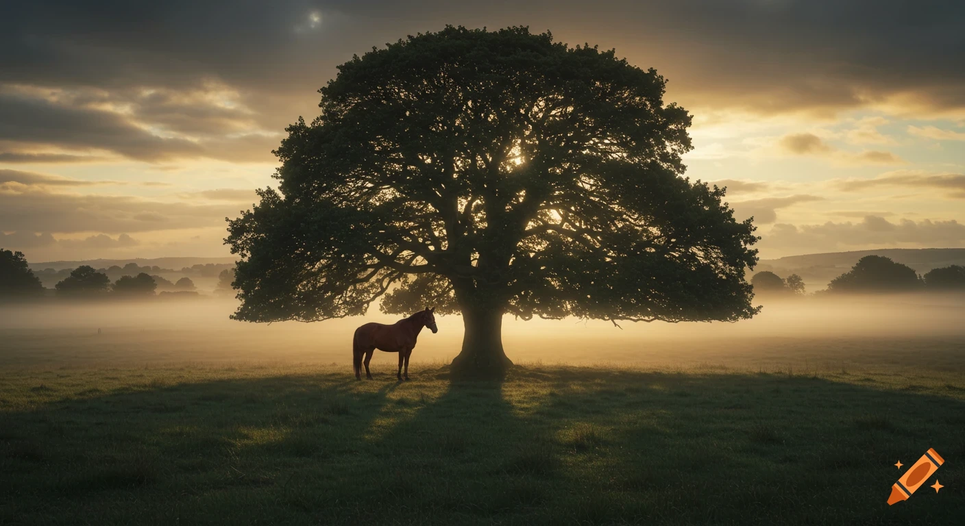 A photorealistic, cinematic image of a horse standing under a large tree in a misty field at sunrise.