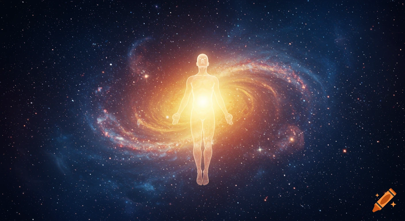 A glowing, ethereal human figure floats in the center of a vibrant galaxy filled with stars and nebulae.