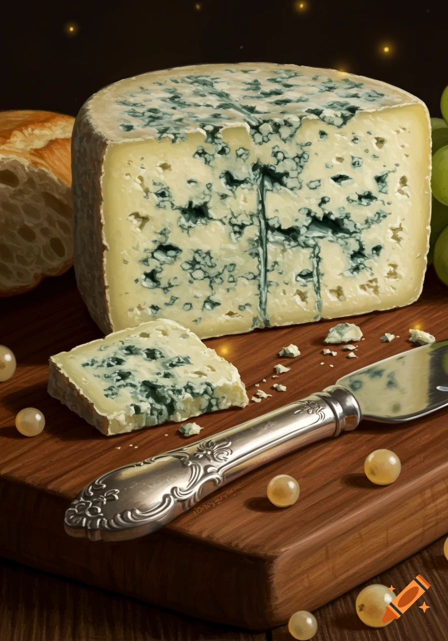 Photorealistic still life of a block of blue cheese with a slice cut, bread, grapes, and a decorative knife on a wooden cutting board.