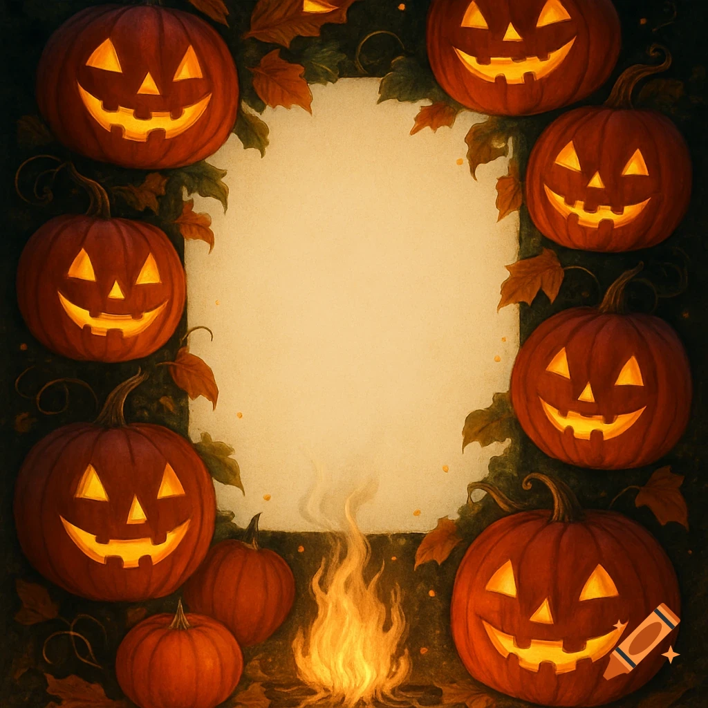 Halloween invitation border with glowing jack-o'-lanterns, autumn leaves, and a warm campfire at the bottom.