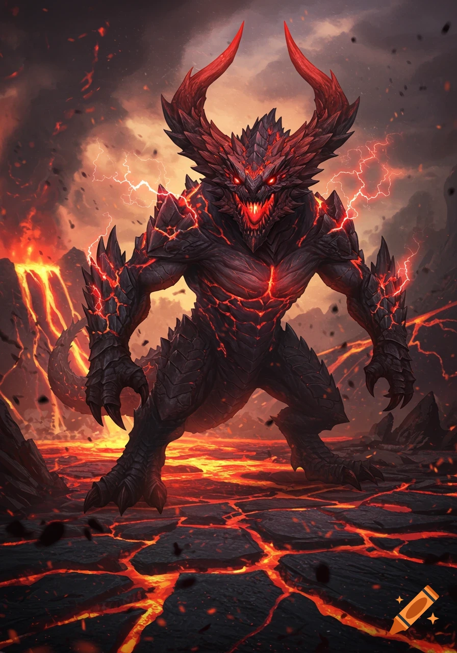 A fearsome black and red dragon-like monster with glowing cracks and large horns stands in a volcanic landscape under a stormy, lightning-filled sky.