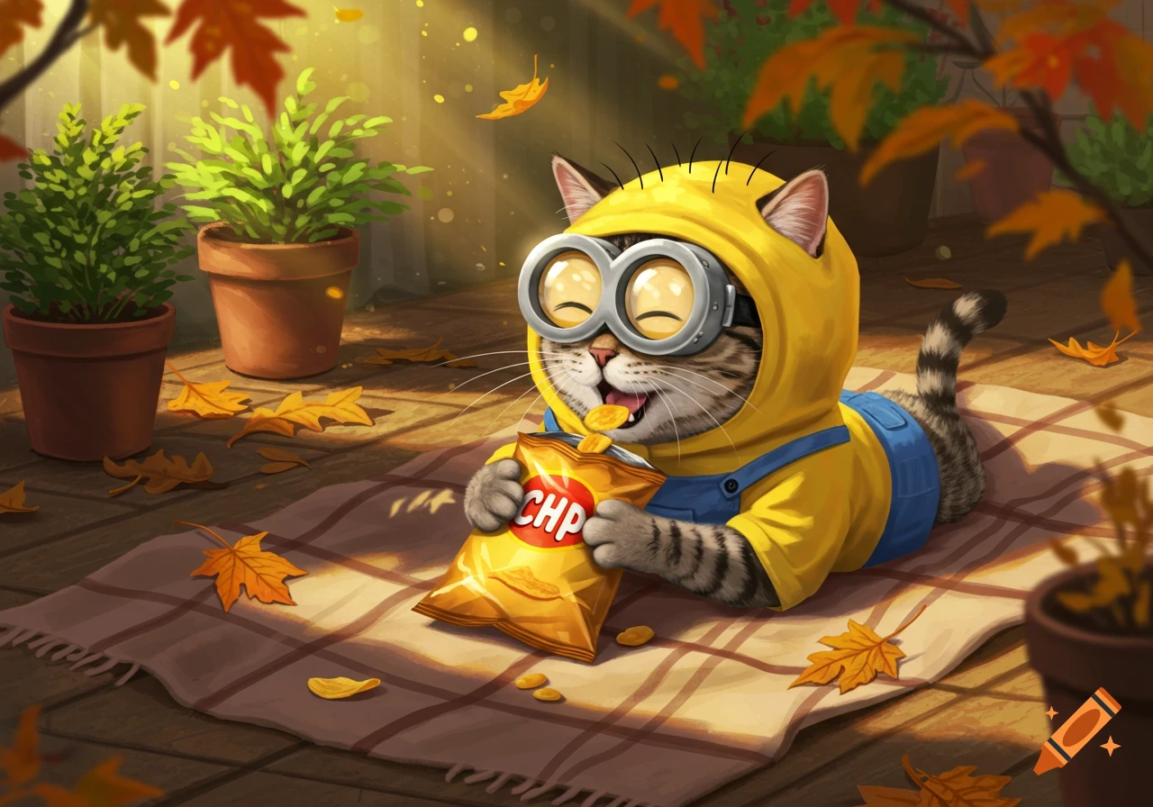 A cute cartoon cat in a yellow Minion costume lies on a plaid blanket outdoors, happily eating chips among autumn leaves.