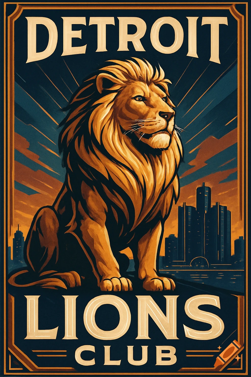 Vintage style poster featuring a stylized lion in front of a Detroit cityscape, with text 'DETROIT LIONS CLUB'.