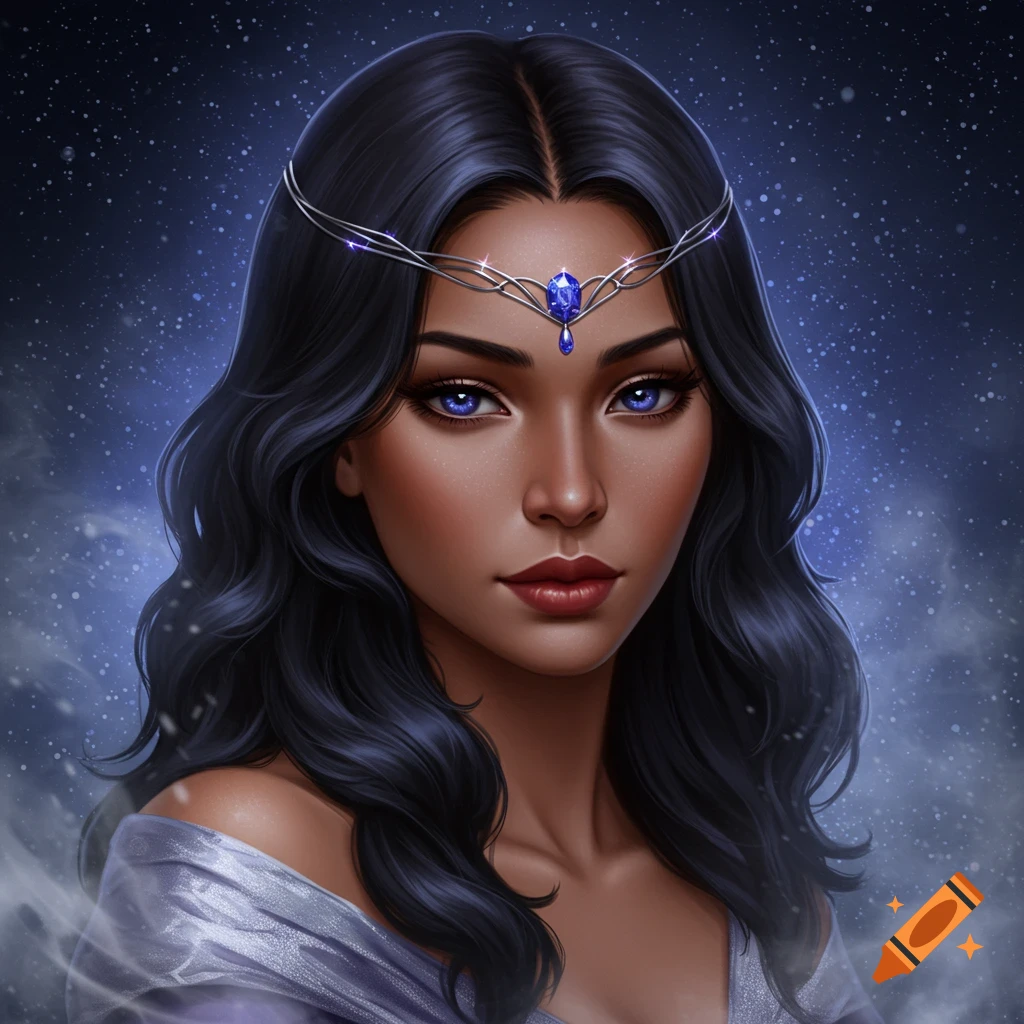 Headshot of an elegant woman with dark hair, bright blue eyes, and a silver and sapphire tiara against a starry background.