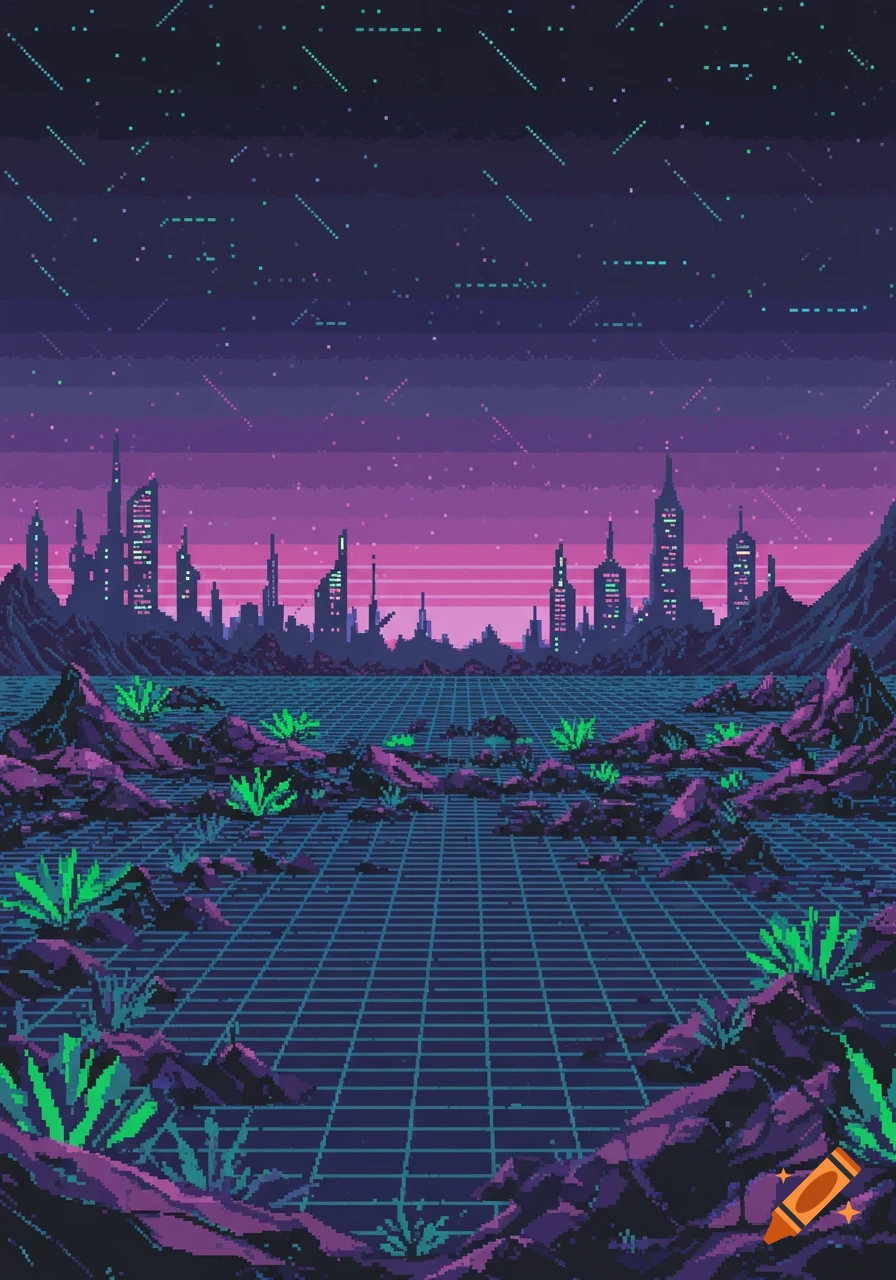 Pixel art landscape of a futuristic city in the distance, with a grid ground and alien plants under a starry purple sky.