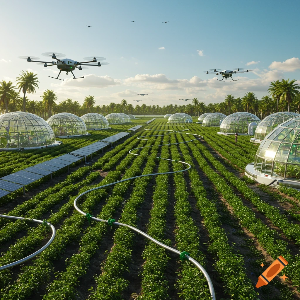 Photorealistic image of a futuristic farm with drones flying over rows of crops, glass greenhouses, solar panels, and palm trees.