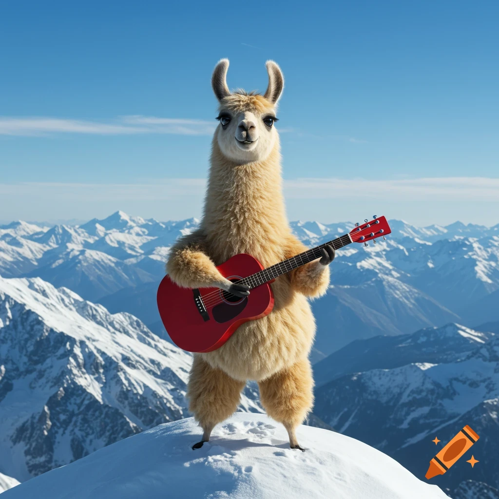 A fluffy beige llama stands on a snowy mountain peak, holding and playing a bright red acoustic guitar under a clear blue sky.