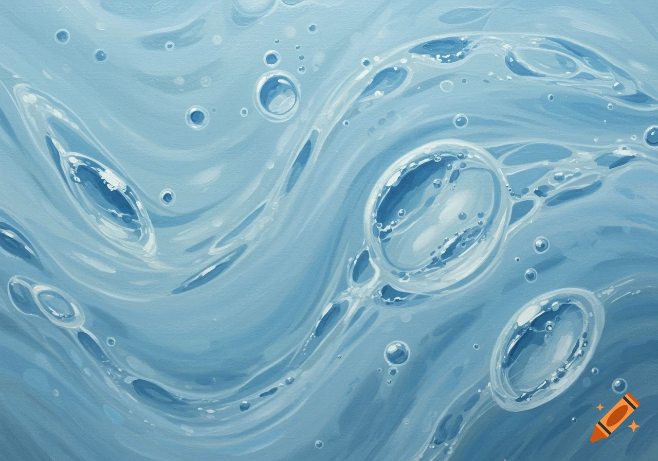 Abstract painting featuring dynamic light blue waves with translucent floating circles and organic shapes.
