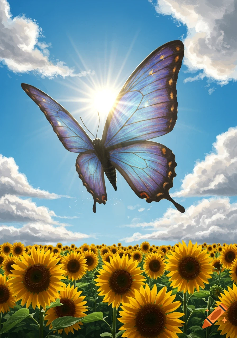 A giant blue and purple butterfly flies over a field of bright yellow sunflowers under a sunny blue sky.