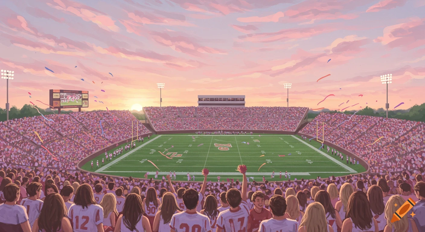 An illustrated football stadium with a cheering crowd at sunset, rendered in pastel colors.