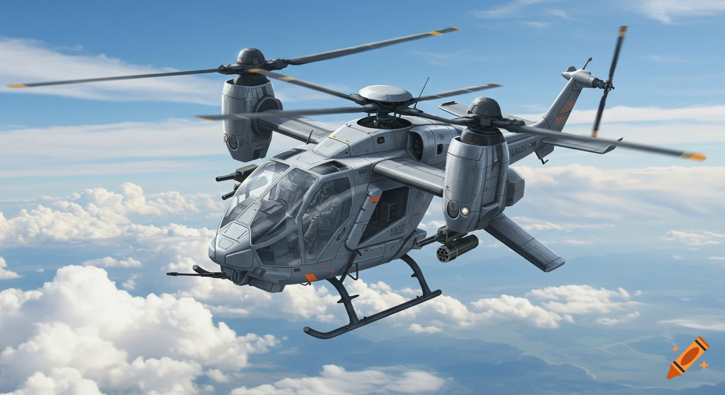 A futuristic gray military tilt-rotor helicopter, the UNSC UH-150 Eagle, with orange accents, flies through a cloudy blue sky over a landscape.