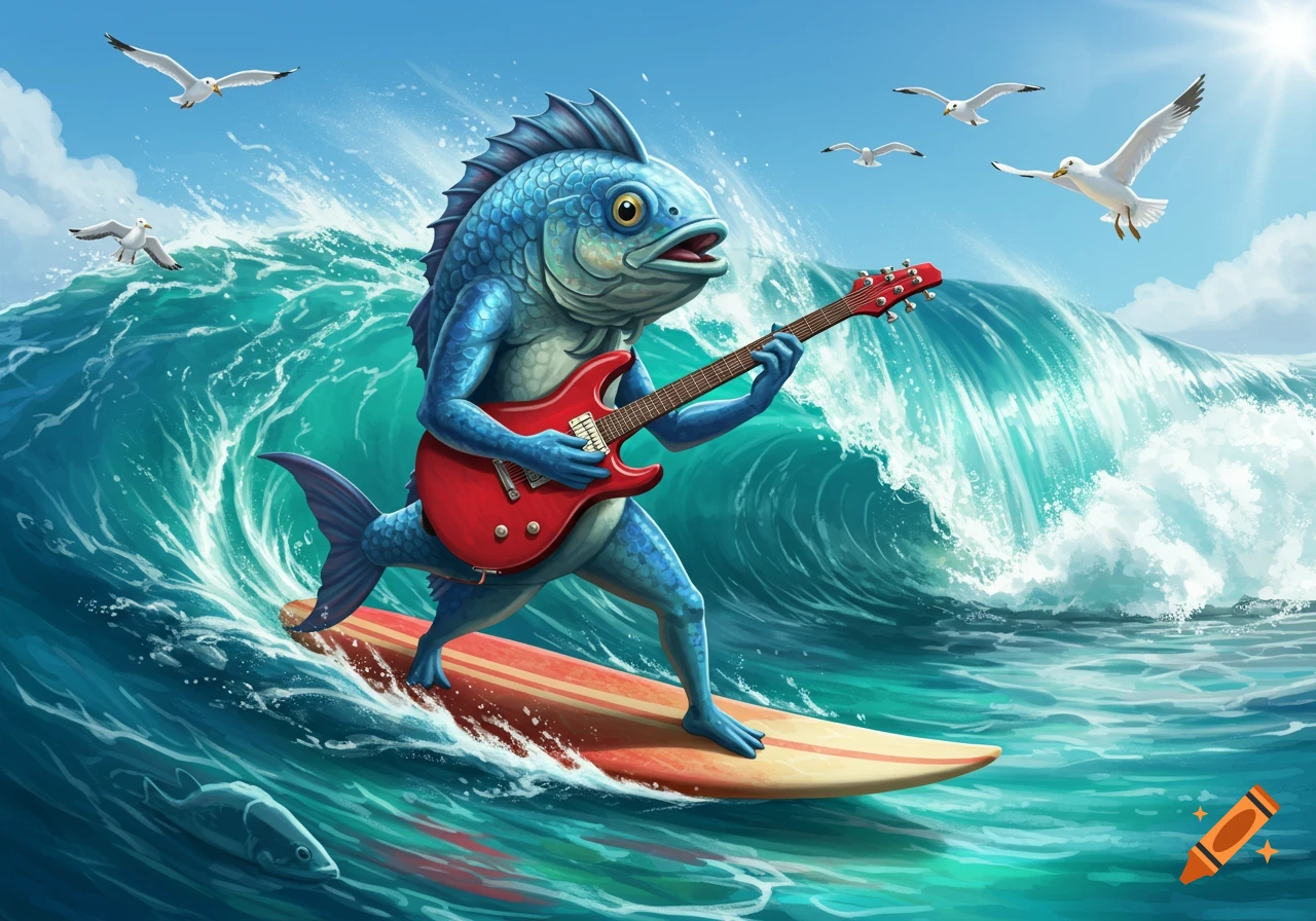 A blue fish-creature playing a red electric guitar while surfing a large ocean wave, with seagulls flying under a bright blue sky.