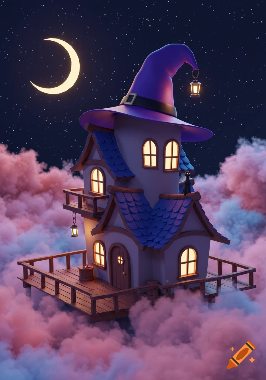 A whimsical 3D render of a two-story house with a witch's hat roof, floating in pink and blue clouds under a starry night sky with a crescent moon. A black cat sits on the roof.