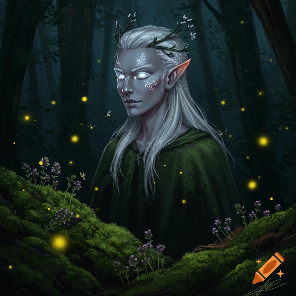 Digital painting of an ethereal elf with white hair, glowing eyes, and a nature crown in a dark forest with fireflies and purple flowers.