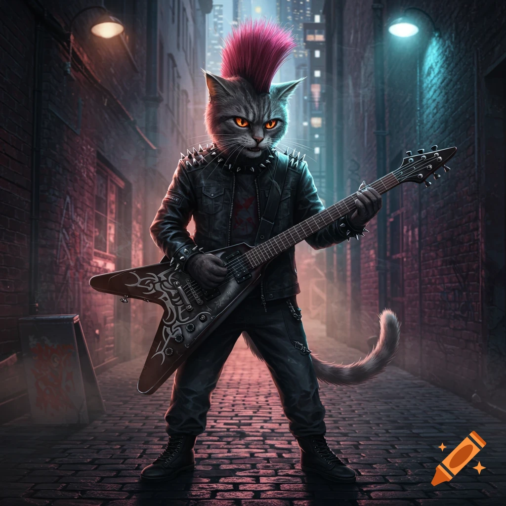A photorealistic metalhead cat with a pink mohawk and studded leather jacket, playing a V-guitar in a dimly lit urban alley.