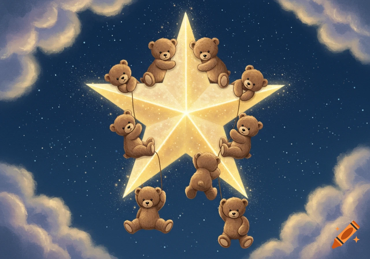Eight cute teddy bears sit on and hang from a glowing golden star in a dark blue starry night sky surrounded by fluffy clouds.