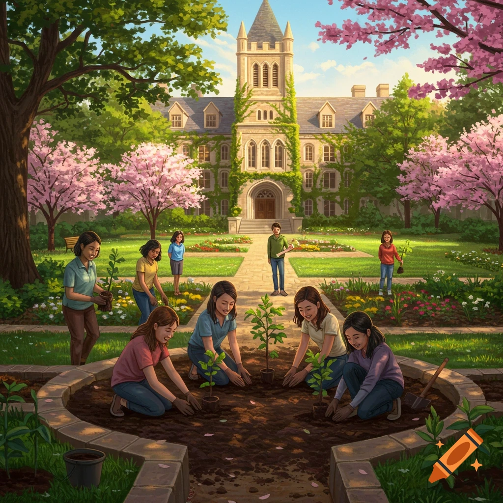 Illustrated scene of students planting saplings in a university garden with a large building in the background under blooming cherry trees.