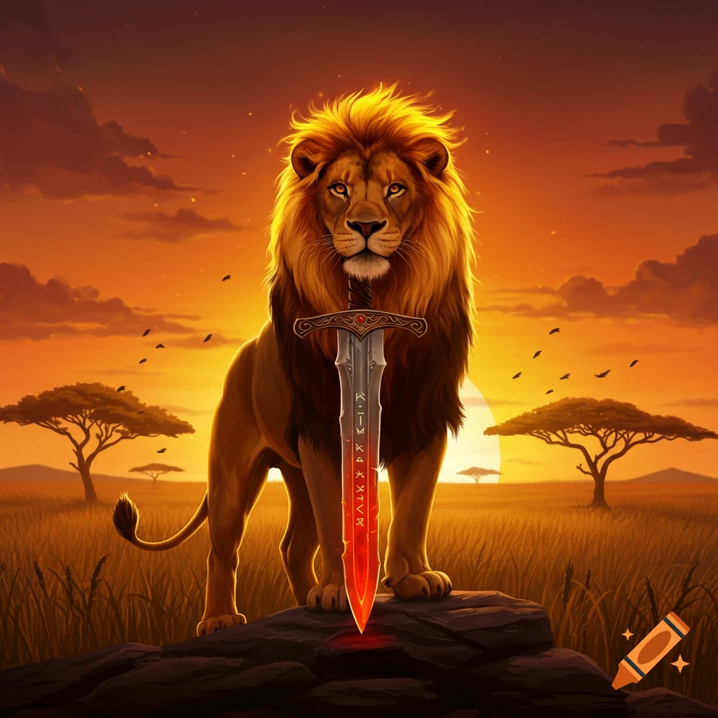 A majestic lion stands on a rock holding a glowing magical sword in a savanna at sunset, detailed fantasy art.