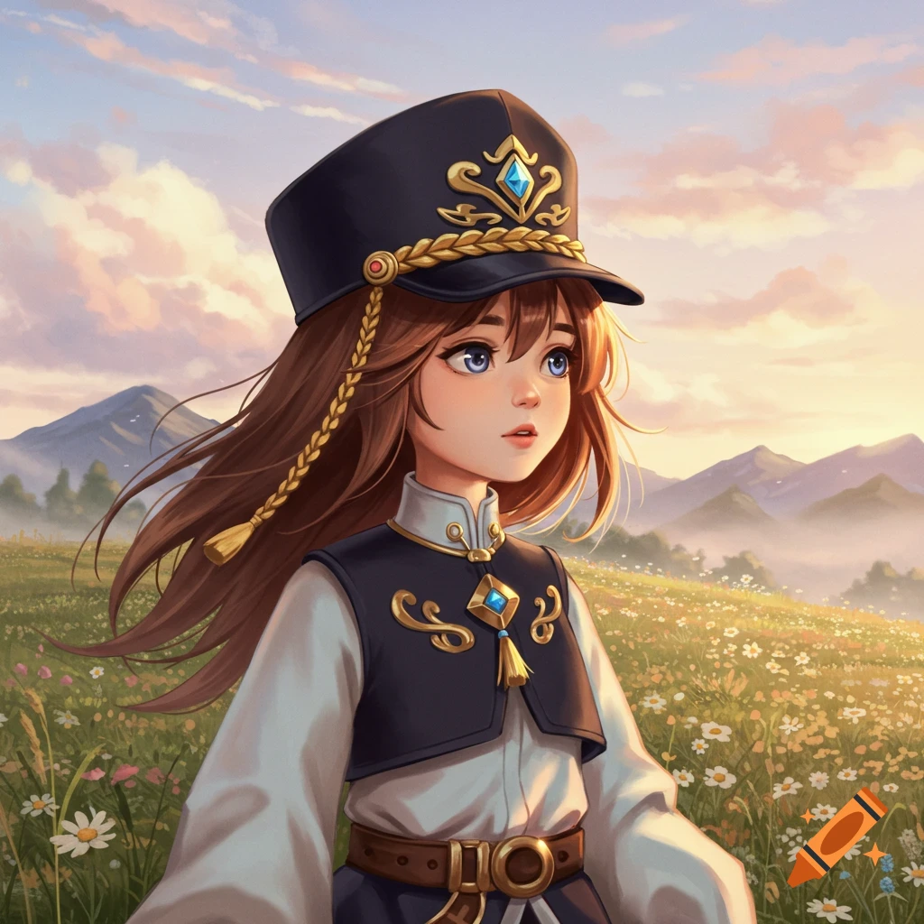 Anime-style portrait of a girl in a shako cap, standing in a field of wildflowers with mountains in the background.