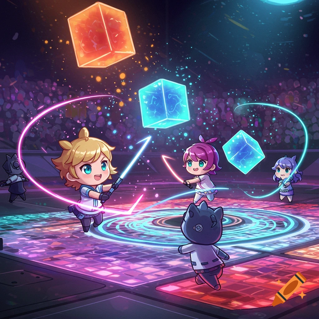 Chibi anime characters with glowing swords play a game with floating luminous cubes in a futuristic arena.