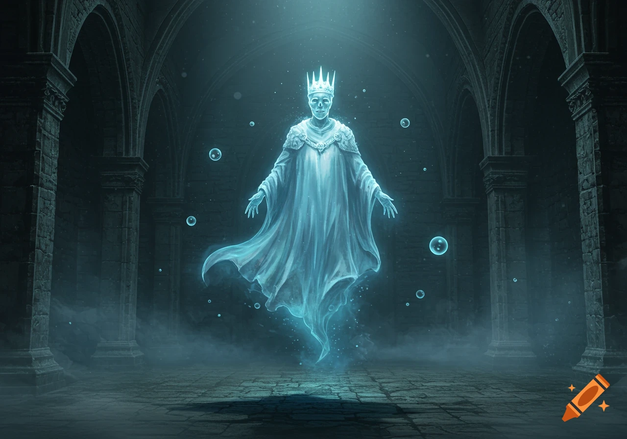 A glowing, ethereal king ghost with a crown floats in a dark, ancient stone hall, surrounded by faint blue light and bubbles.
