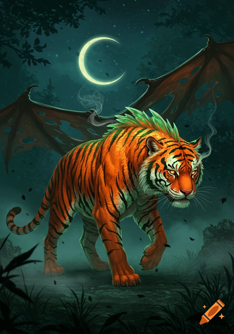 An orange tiger with green crests, tattered dragon wings, and glowing eyes walks through a dark, misty forest under a crescent moon in a fantasy art style.