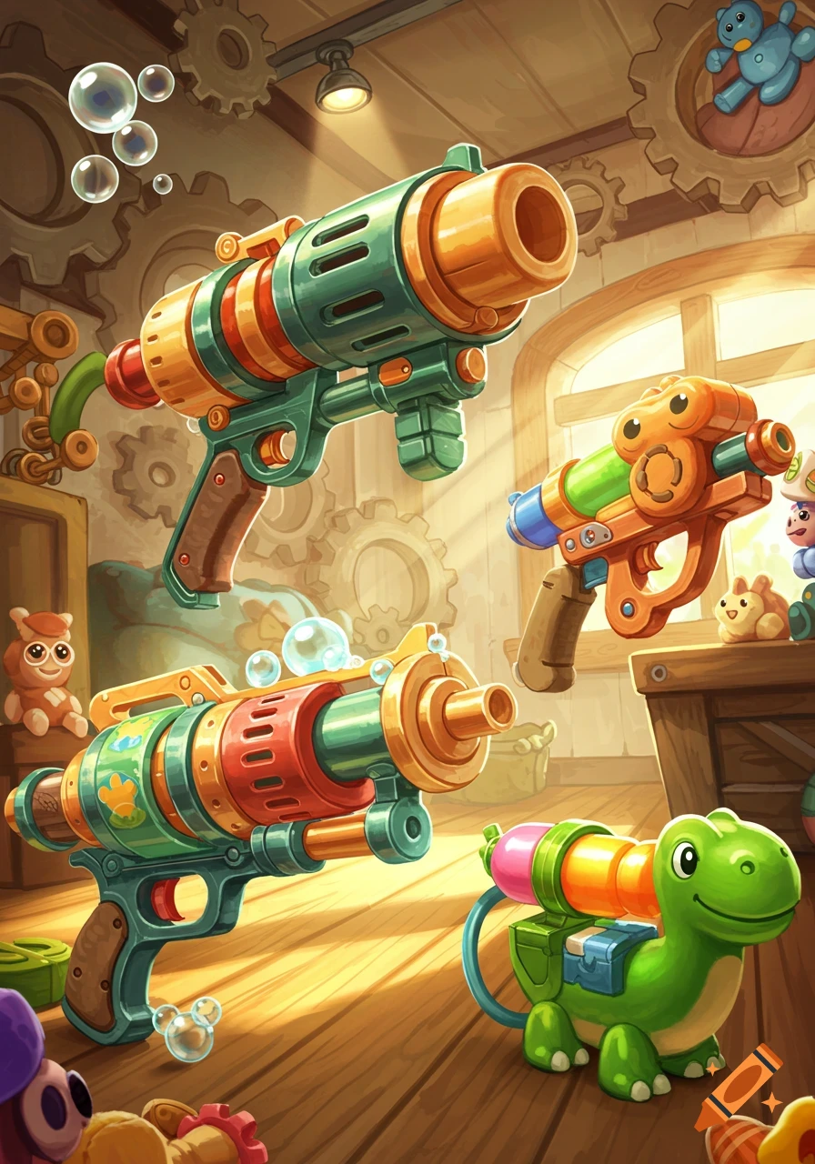 Cartoon illustration of several colorful toy water guns, including a green dinosaur one, in a workshop setting with gears and bubbles.