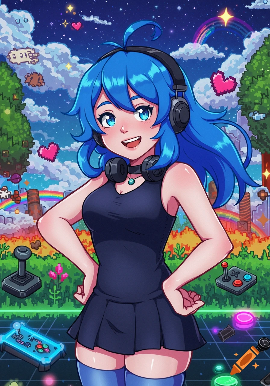 An anime girl with blue hair and headphones smiles in a vibrant pixel art landscape filled with video game elements and arcade controllers.