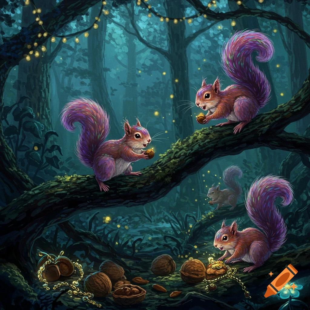 Vibrant illustration of whimsical, iridescent squirrels gathering glowing nuts and trinkets in an enchanted, sparkling forest.