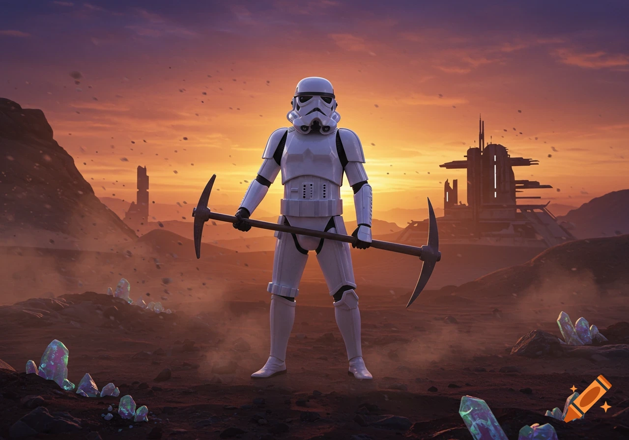 A Stormtrooper in a white suit holds a pickaxe in a dusty, red alien landscape at sunset, with glowing crystals and futuristic structures.