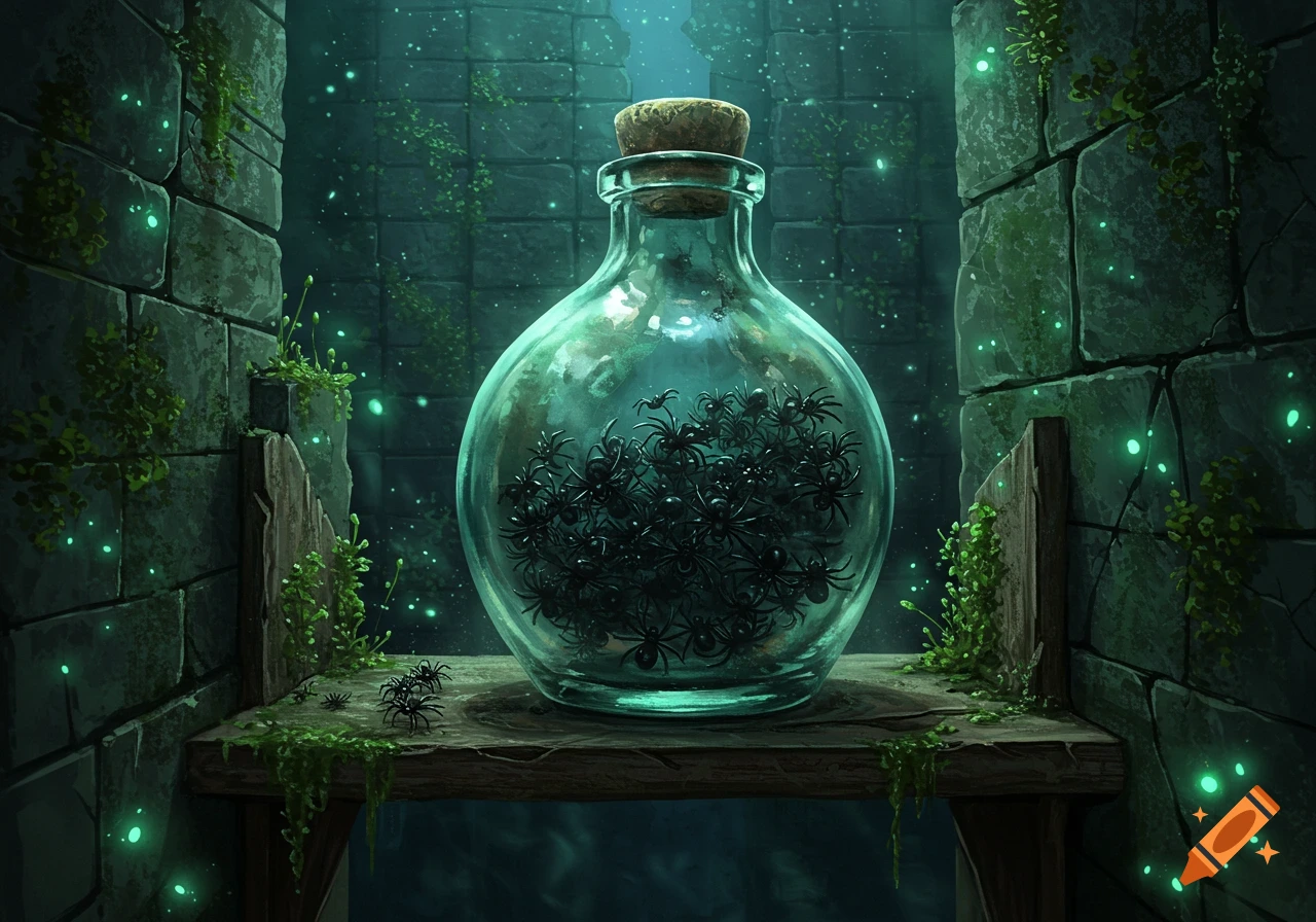 A glass bottle filled with black spiders sits on a mossy, broken wooden shelf in a glowing green dungeon.