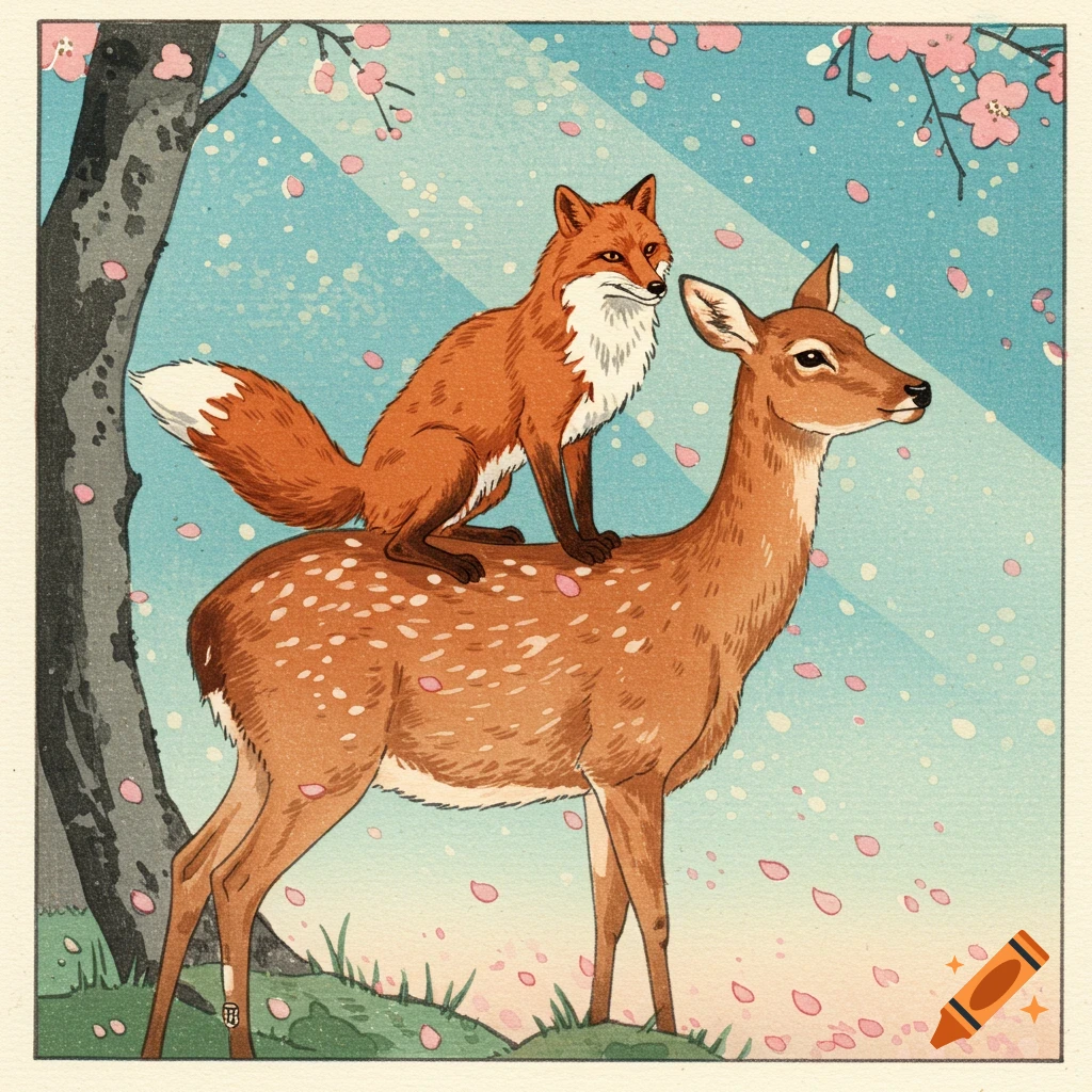 A fox sits atop a deer's back in a traditional Japanese woodblock print style, with cherry blossoms falling.