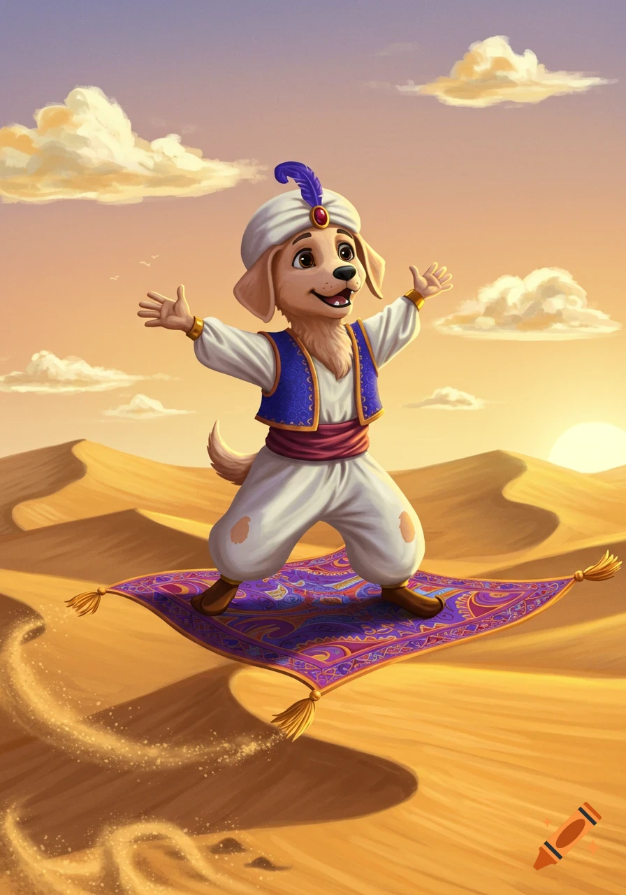 A happy cartoon golden retriever puppy dressed as Aladdin flies on a purple magic carpet over desert dunes at sunset in an illustration.