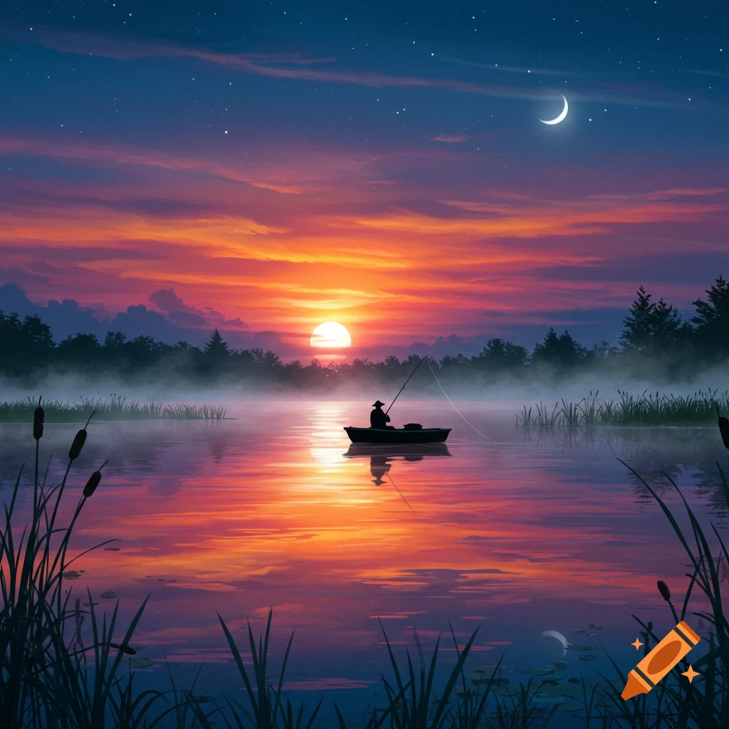 A lone fisherman in a boat on a misty lake at a vibrant sunset with a crescent moon and stars in the sky.