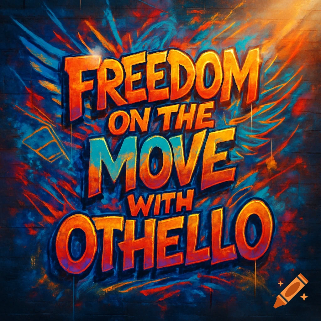 Vibrant graffiti mural on a brick wall with the text 'FREEDOM ON THE MOVE WITH OTHELLO' in bold, colorful letters.