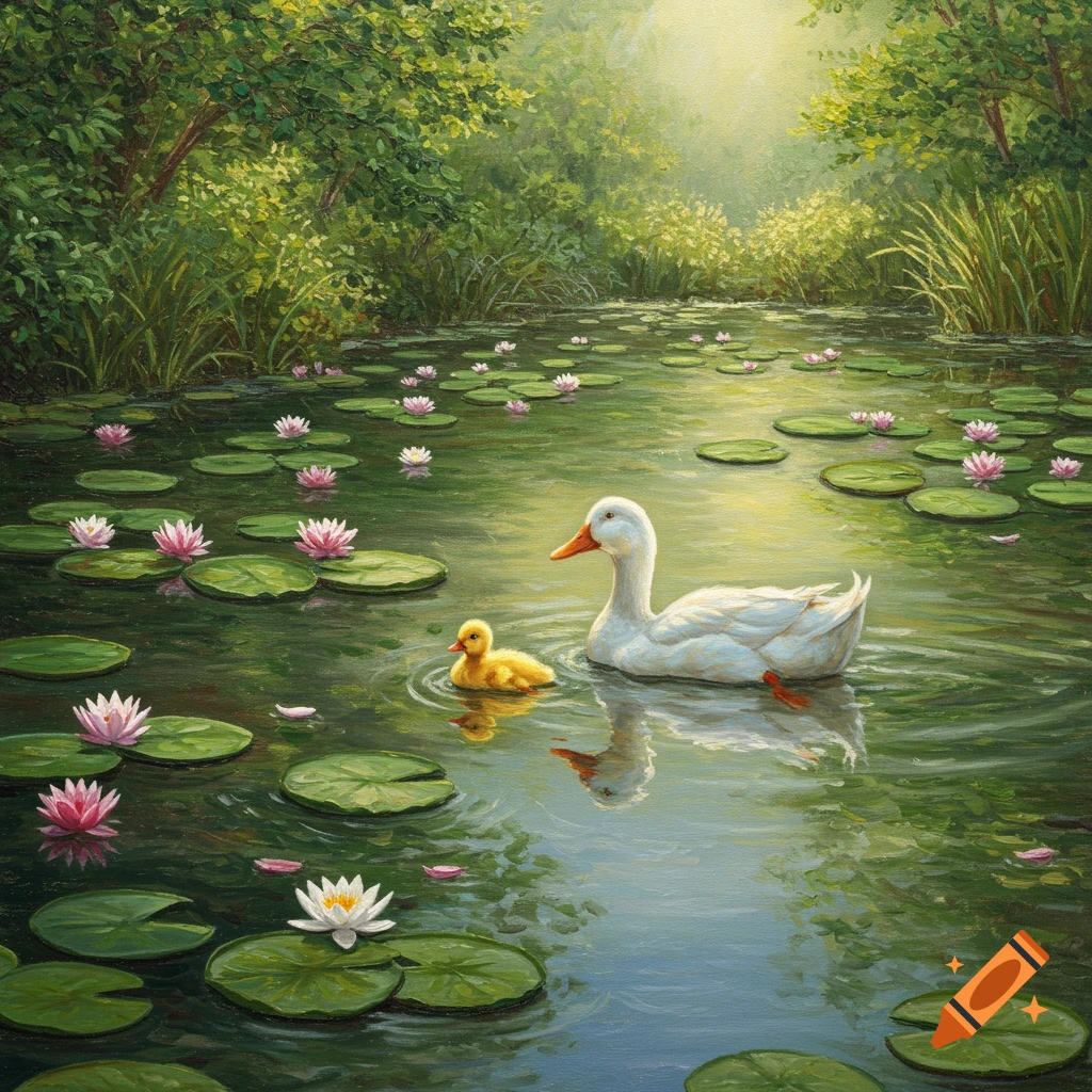 A white mother duck and yellow duckling swim in a serene pond among pink and white water lilies, surrounded by lush greenery, painting.