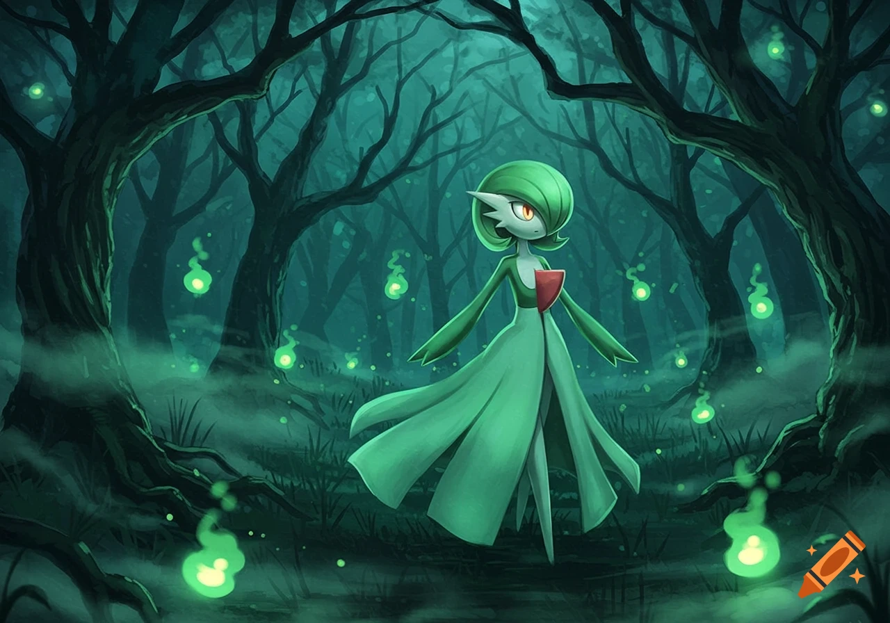 Gardevoir, a humanoid pokemon, stands in a dark, misty forest illuminated by glowing green spirits. Stylized art.
