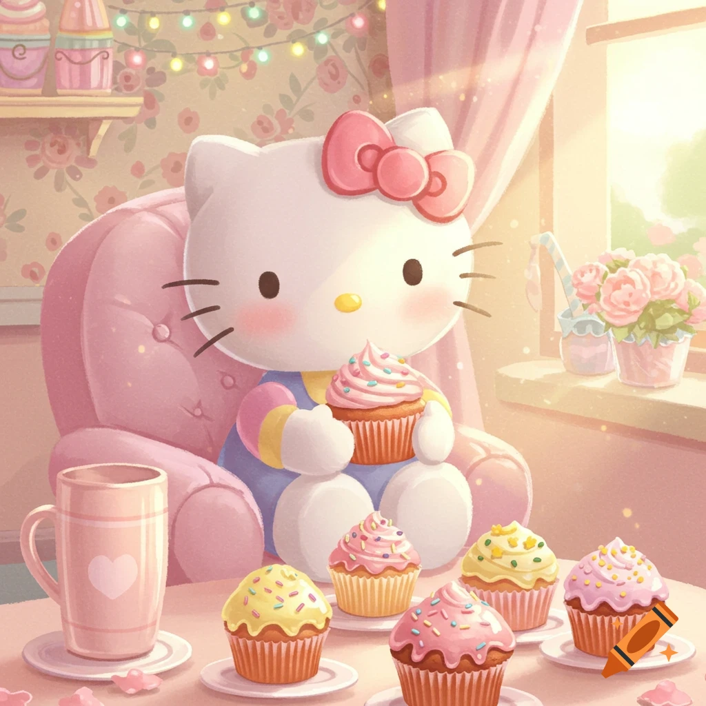 Hello Kitty holds a cupcake while sitting in a pink chair at a table with other cupcakes in a sunlit room.